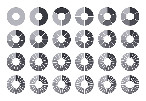 Circles divided into parts from 1 to 24. Black round chart for infographic, pie portion or pizza slice. Wheel division into fractions, circular shape sectors on white background.