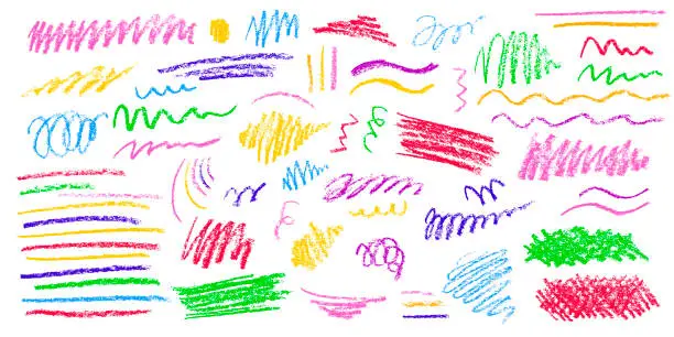 Vector illustration of Colorful crayon or charcoal lines set. Doodle lines with grunge pastel pencil texture. Hand drawn chalk scribbles or rough marks. Sketchy squiggle brushes for banner design, graffiti, childish drawing