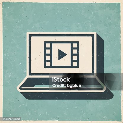 istock Watch video on laptop. Icon in retro vintage style - Old textured paper 1645973788