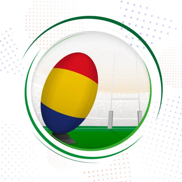 Vector illustration of Flag of Romania on rugby ball. Round rugby icon with flag of Romania.