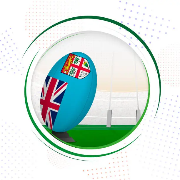 Vector illustration of Flag of Fiji on rugby ball. Round rugby icon with flag of Fiji.