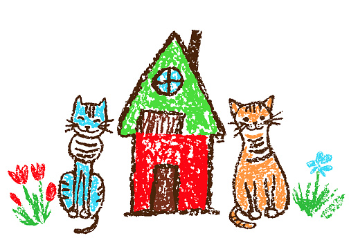 Pastel chalk or pencil kids art stroke cats summer background. Vector artistic doodle simple pet