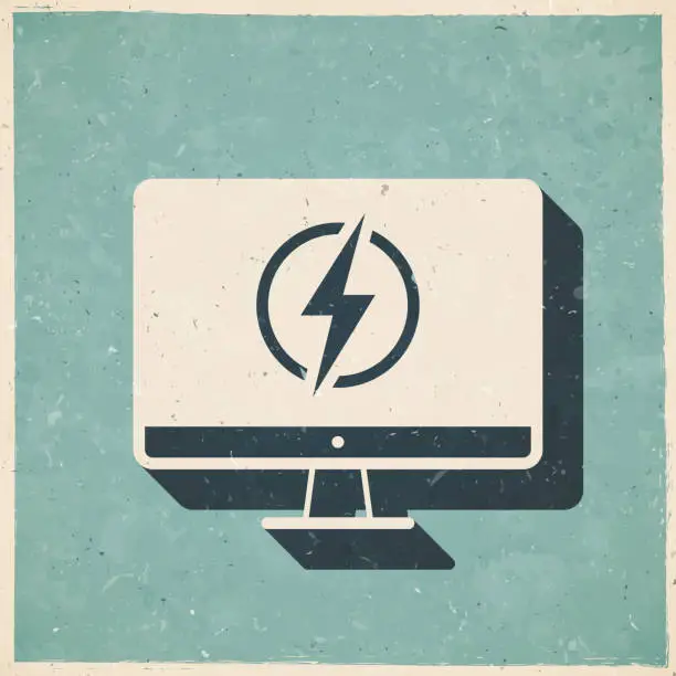 Vector illustration of Desktop computer with electricity symbol. Icon in retro vintage style - Old textured paper
