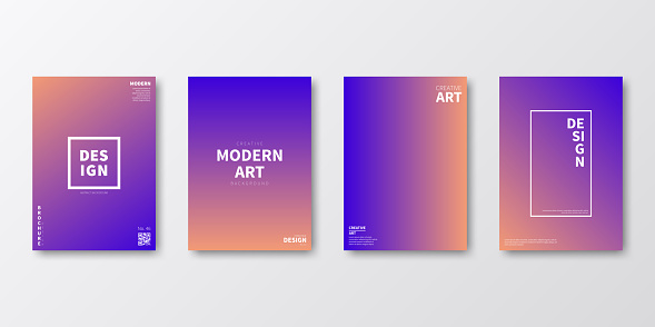 Set of four vertical brochure templates with modern and trendy backgrounds, isolated on blank background. Abstract illustrations with defocused and blurred color gradient (colors used: Beige, Orange, Pink, Purple, Blue). Can be used for different designs, such as brochure, cover design, magazine, business annual report, flyer, leaflet, presentations... Template for your own design, with space for your text. The layers are named to facilitate your customization. Vector Illustration (EPS file, well layered and grouped). Easy to edit, manipulate, resize or colorize. Vector and Jpeg file of different sizes.