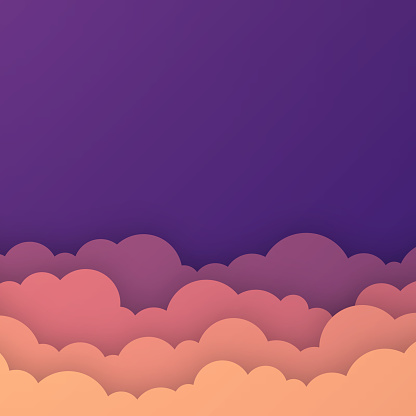 Flight above the clouds, modern and trendy background. Cloudy sky with beautiful color gradient in a paper cut style. This illustration can be used for your design, with space for your text (colors used: Beige, Orange, Red, Pink, Purple, Blue). Vector Illustration (EPS file, well layered and grouped), square format (1:1). Easy to edit, manipulate, resize or colorize. Vector and Jpeg file of different sizes.