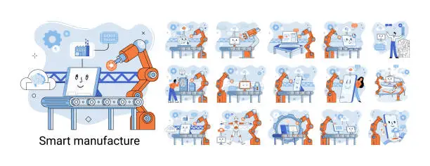 Vector illustration of Smart manufacture metaphor with automated production line. Innovative contemporary smart industry