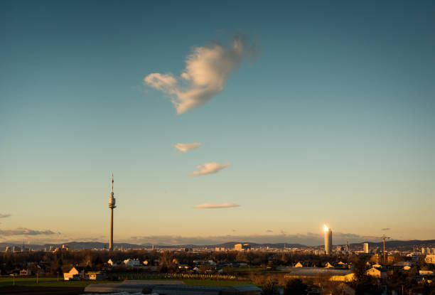 Vienna, Austria - December 17 2014: Cityscape of Vienna with low-rise districts and TV tower on the left.