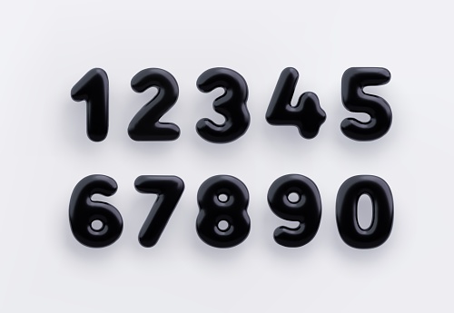 3D Black number 1,2,3,4,5,6,7,8,9 and null with a glossy surface on a white background.