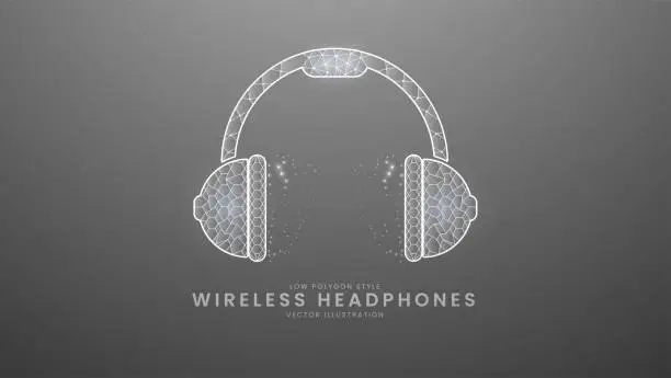 Vector illustration of Silver metallic wireless headphones. Minimal music device concept, Modern digital low polygon style