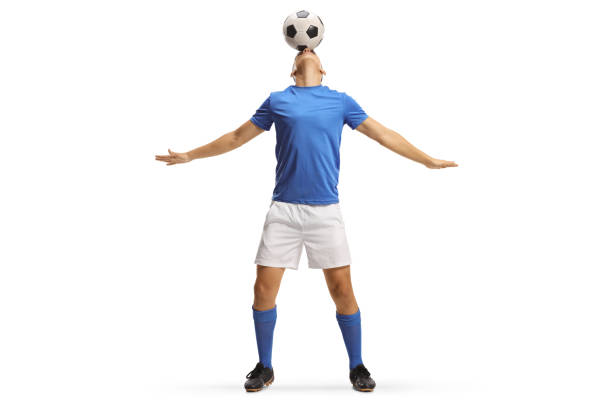 Football player holding a ball with head isolated on white background