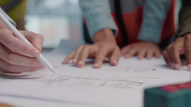 Construction team, hands and blueprint for architecture project, illustration or engineering process. Closeup, collaboration and paperwork of floor plan for building, development or planning property