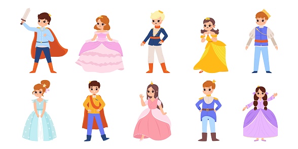 Princess and prince, little lady and knight. Magic world children characters, girls and boys in costume and dress. Fairytale snugly vector clipart of princess and knight illustration