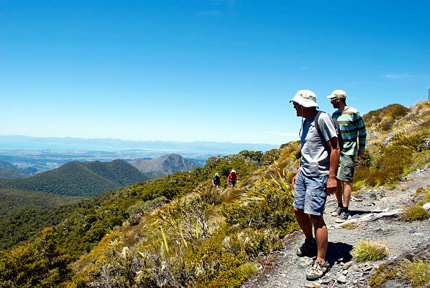 Trampers on Mt Arthur Track, Motueka, New Zealand. Trampers look out across the Kahurangi National Park view back to Motueka and the distant Tasman Sea. motueka stock pictures, royalty-free photos & images