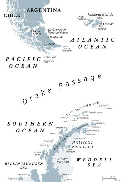 ilustrações, clipart, desenhos animados e ícones de passagem de drake, mar de hoces, ou mar de hoces, mapa político cinzento - boat horn