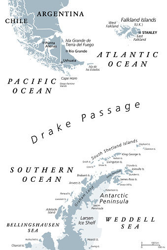 Drake Passage, Mar de Hoces, or Hoces Sea, gray political map. Body of water between Cape Horn and Antarctic Peninsula, connecting South Atlantic with South Pacific and extending into Southern Ocean.