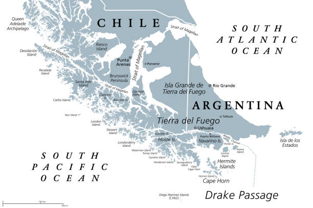 Tierra del Fuego archipelago, southern tip of South America, gray political map Tierra del Fuego, gray political map. Archipelago and southernmost tip of South America, across the Strait of Magellan, divided between Chile and Argentina. With Cape Horn, north of the Drake Passage. beagle channel stock illustrations