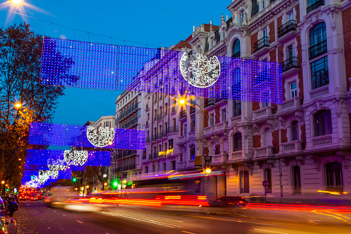 Christmas' Street Lights Decorations in Madrid Downtown, Spain