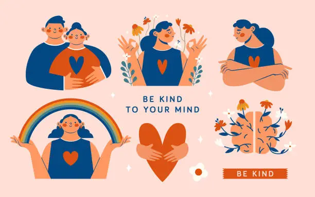 Vector illustration of Hand drawn set of vector illustrations about mental health support with hugging people, young persons, hands, heart, rainbow, brain, flowers, labels. Modern minimal clip arts with funny characters.