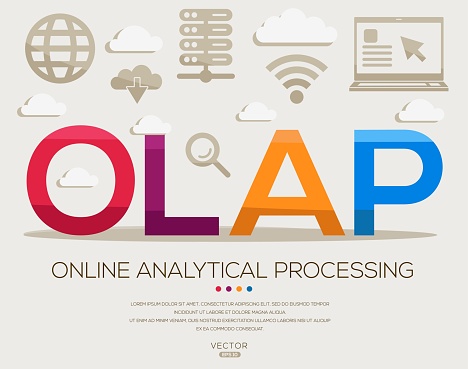 OLAP _ Online Analytical Processing, letters and icons, and vector illustration.
