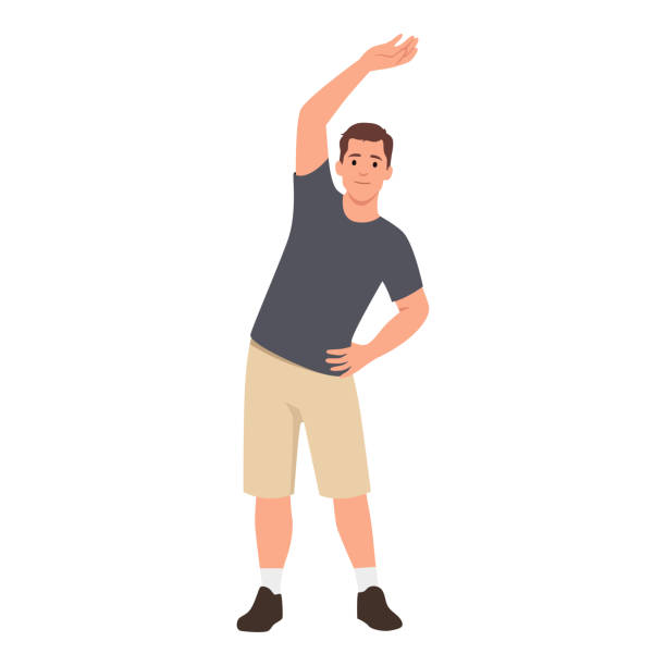 Stay home, keep fit and positive. Man doing side bends, stretching. Sport exercise, fitness workout. Physical activity, healthy lifestyle concept. Stay home, keep fit and positive. Man doing side bends, stretching. Sport exercise, fitness workout. Physical activity, healthy lifestyle concept. Flat vector illustration isolated on white background gymnastics stretches stock illustrations