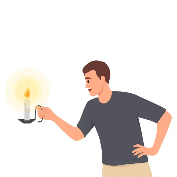 Vector illustration of Man holding diwali candles. man holds candlestick with burning candle.