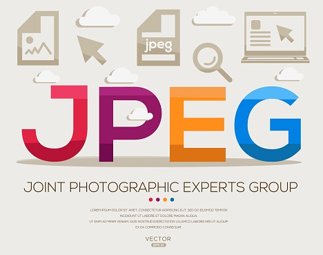 JPEG _ Joint Photographic Experts Group, letters and icons, and vector illustration.