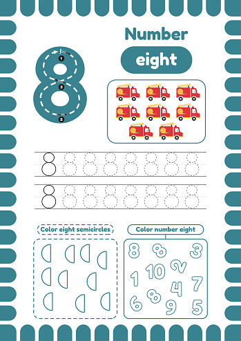 Preschool educational worksheet with handwriting practice for kids. Trace number eight. Activity page, coloring semicircles. Count fire engines