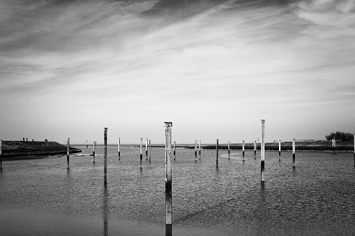 At the Marina of Bensersiel, East Frisia, at winter, in black and white