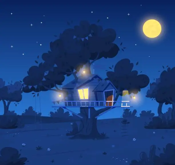 Vector illustration of Tree house with lighting, ladder and swing, vector children treeshed summer camp in forest, night sky, full moon, stars
