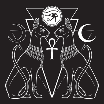 Bastet or Bast ancient Egyptian goddess sphynx cat in gothic style hand drawn vector illustration.