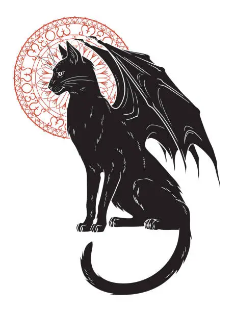 Vector illustration of Black cat with monster wings isolated. Witch familiar spirit, halloween or pagan witchcraft theme print design vector illustration