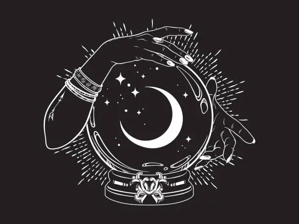 Vector illustration of Magic crystal ball with crescent moon and stars in hands of fortune teller line art and dot work. Boho chic tattoo, poster or altar veil print design vector illustration