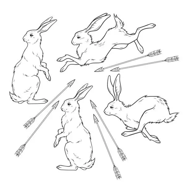 Vector illustration of Rabbits or hares magic animals set hand drawn line art gothic tattoo design isolated vector illustration