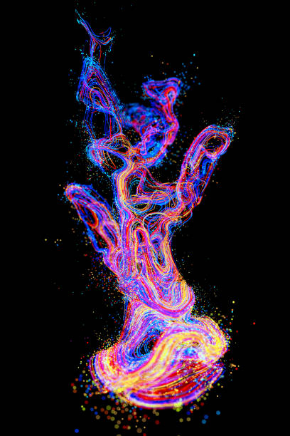 黒い空間に木を形成した輝く粒子とストロークのVirbantマルチカラークラウド、抽象的な3Dデジタル生成画像 ストックフ�ォト