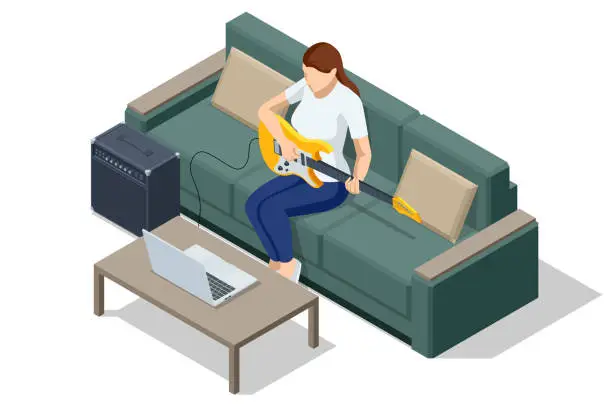 Vector illustration of Isometric Electric Guitar. Woman playing an electric guitar and combo amp near isolated on white background. Online studying. Woman is watching video tutorial, video classes how to play guitar