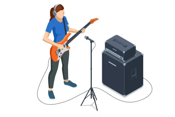 Vector illustration of Isometric Realistic Electric Guitar. Woman playing an electric guitar and combo amp near isolated on white background. Rehearsal base