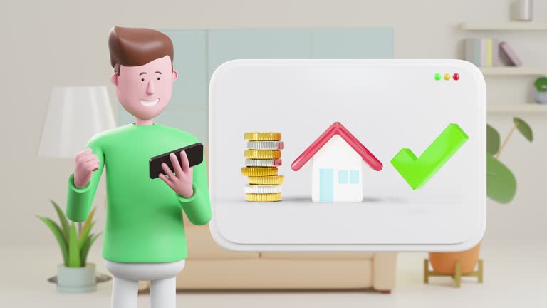 3d Animation cartoon happy man using smart phone check money to buy a house.