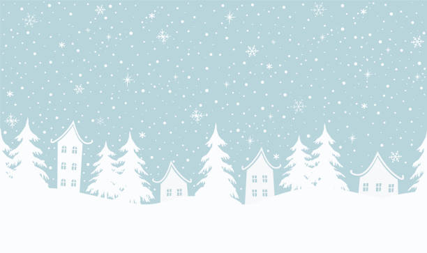 ilustraciones, imágenes clip art, dibujos animados e iconos de stock de fondo invernal. pueblo navideño. borde sin costuras - feliz navidad