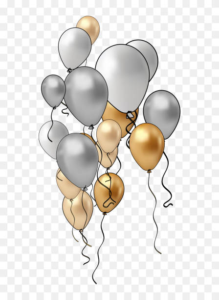 istock balloons group. Golden shiny falling confetti, glossy yellow and white inflatable helium balloon with gold ribbon for birthday party or anniversary, 3d realistic vector illustration 1646149762