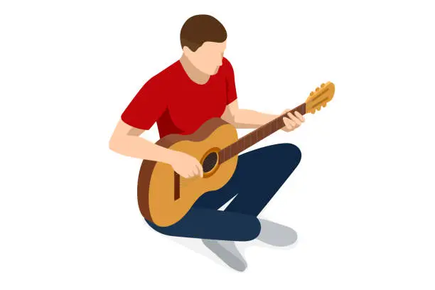 Vector illustration of Isometric Classical Acoustic Six-String Guitar. Man sitting on the floor and playing the guitar Isolated on White Background