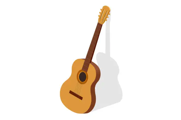 Vector illustration of Isometric Classical Acoustic Six-String Guitar Isolated on White Background