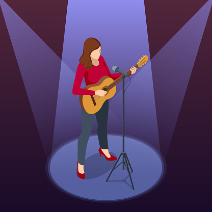 Isometric Woman Stands in Front of a Microphone, Plays the Guitar and Sings a Song. Classical Acoustic Six-String Guitar, Vocal artist