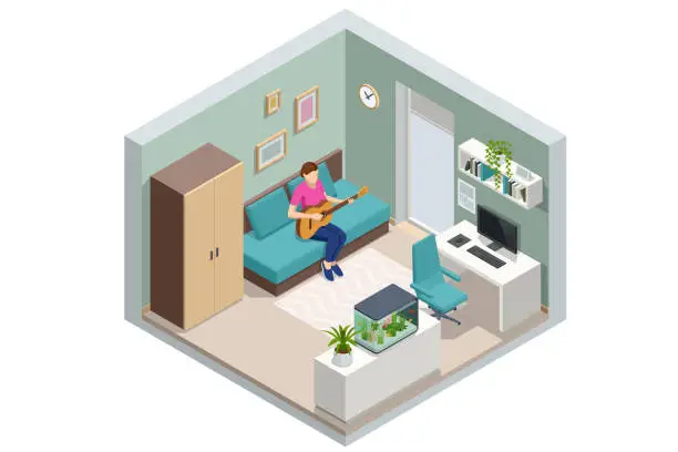 Vector illustration of Isometric Classical Acoustic. Woman playing guitar on sofa at home isolated on white background. Studying, Hobby. Recreation at home concept.