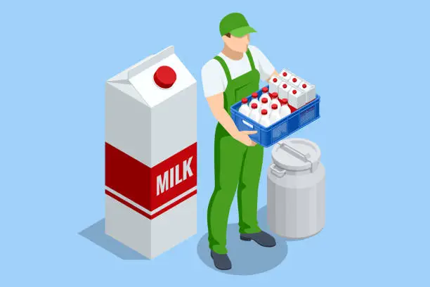 Vector illustration of Isometric milk produce production concept. Farmer sells milk and dairy products