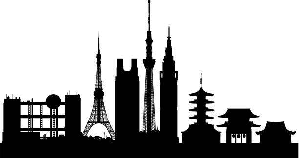ilustrații de stoc cu tokyo skyline silhouette (toate clădirile sunt mobile și complete) - tokyo skytree