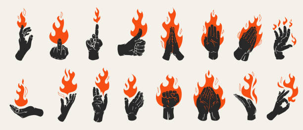 stockillustraties, clipart, cartoons en iconen met set human hands with fire or flame in retro flat style. collection different vector illustration for tattoo, print. various vintage color art composition. - vuur