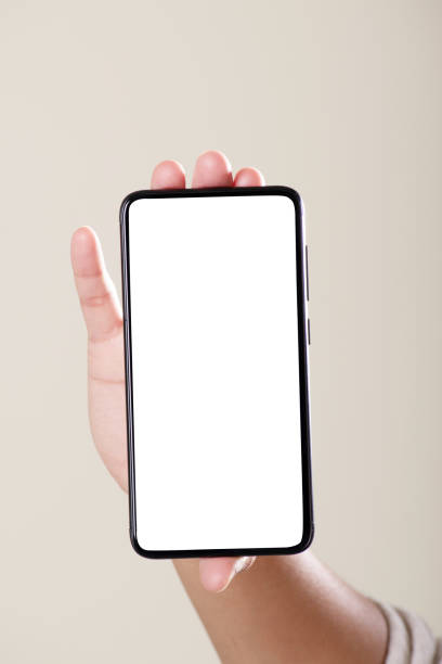 istock Front view of blank screen smartphone in hand on grey background 1646180013