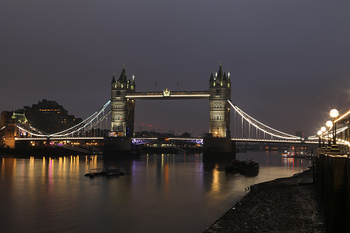 London tower bridge dusk night fog