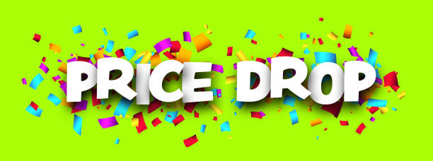 istock Price drop sign with colorful cut out ribbon confetti on green background. 1646196948