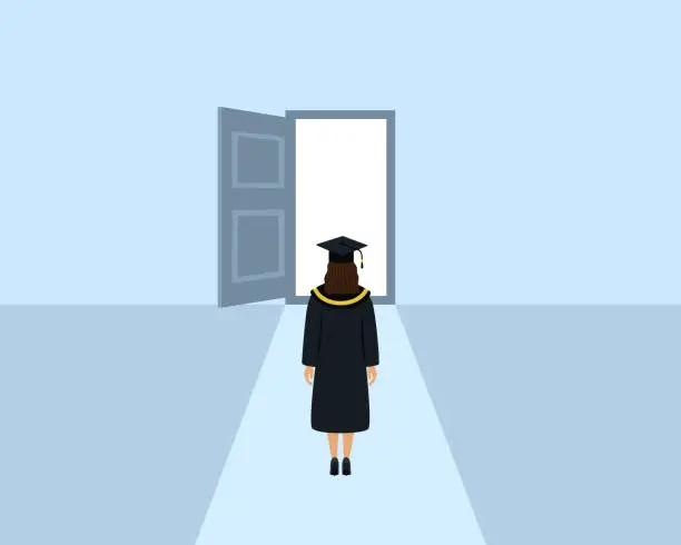 Vector illustration of Rear View Of Woman In Graduation Gown Standing In Front Of Opened Door. Business, Choice And Opportunity Concept